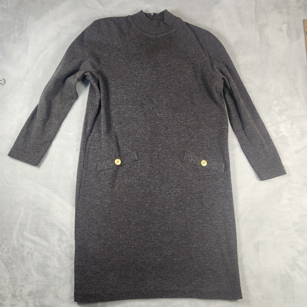 VTG Talbots Dark Academia Wool Blend Grey Sheath Dress Long Sleeve Pockets PS